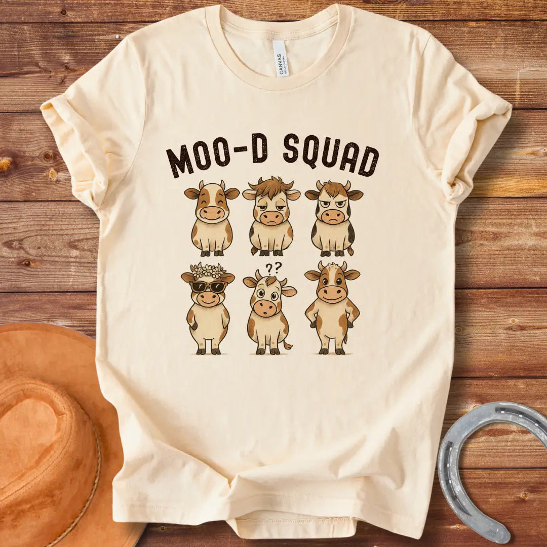 Illustration of six cartoon cows, each representing a different mood, with the words 'Mood Squad' above them.