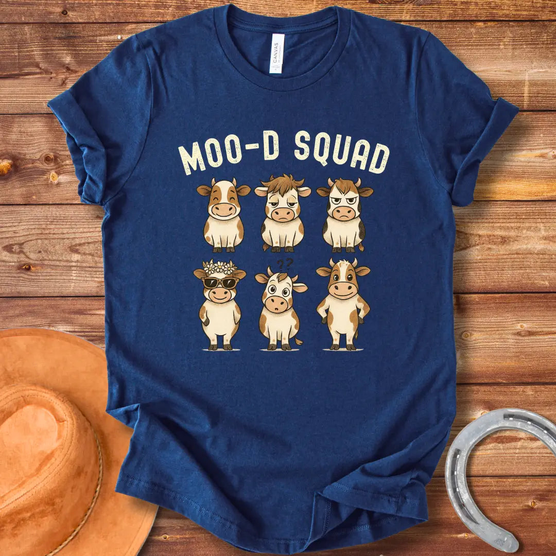 Illustration of six cartoon cows, each representing a different mood, with the words 'Mood Squad' above them.