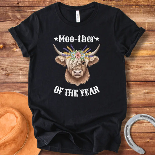 Moother of the Year Western T-Shirt featuring a cow wearing a flower crown with the phrase 'Moother of the Year'
