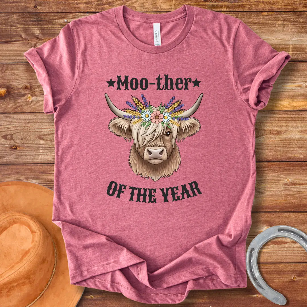 Moother of the Year Western T-Shirt featuring a cow wearing a flower crown with the phrase 'Moother of the Year'