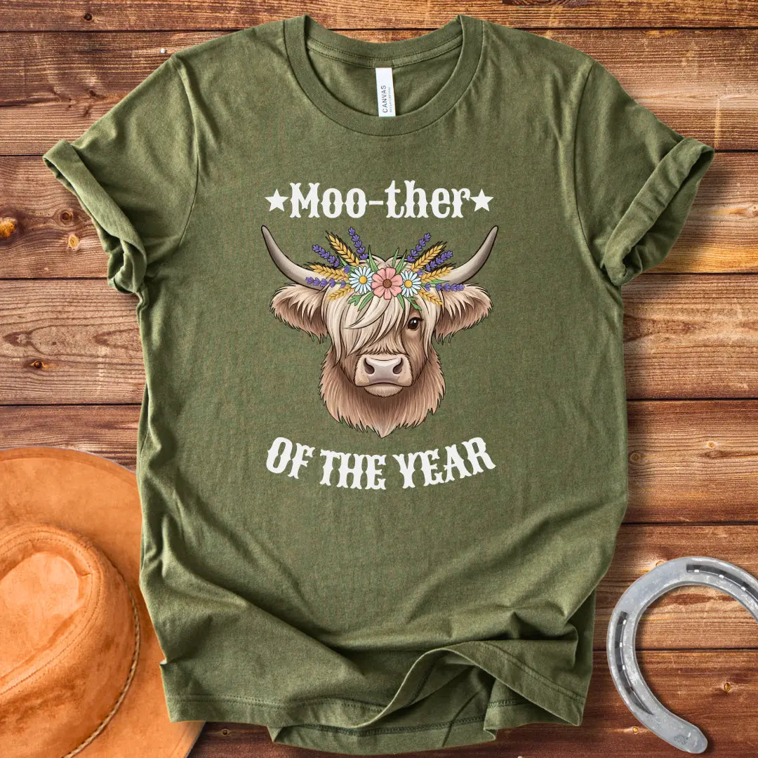 Moother of the Year Western T-Shirt featuring a cow wearing a flower crown with the phrase 'Moother of the Year'