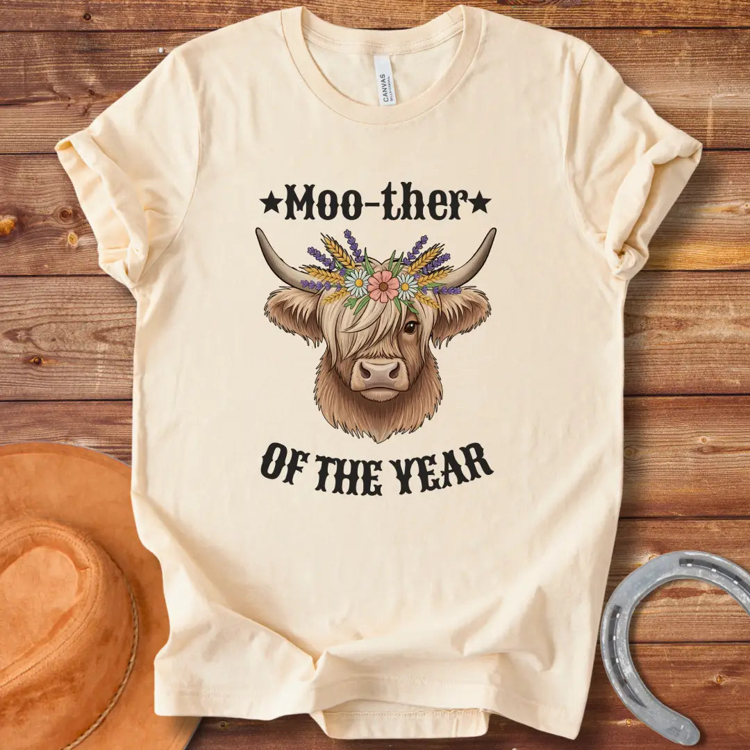 Moother of the Year Western T-Shirt featuring a cow wearing a flower crown with the phrase 'Moother of the Year'