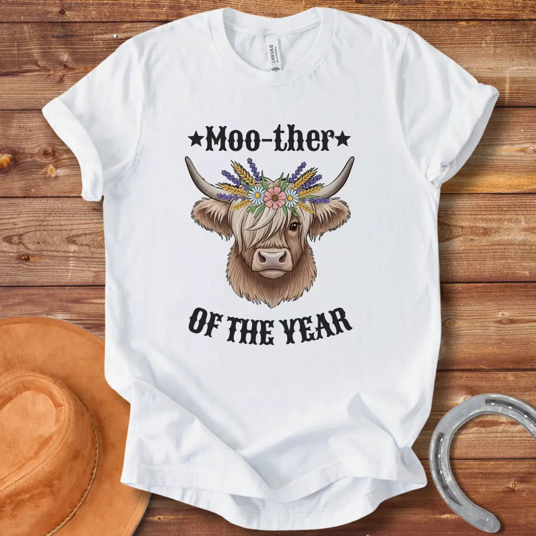 Moother of the Year Western T-Shirt featuring a cow wearing a flower crown with the phrase 'Moother of the Year'
