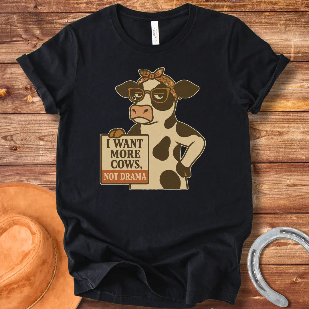 Illustration of a cool cow wearing glasses and a bandana, holding a sign that says 'I Want More Cows, Not Drama'.