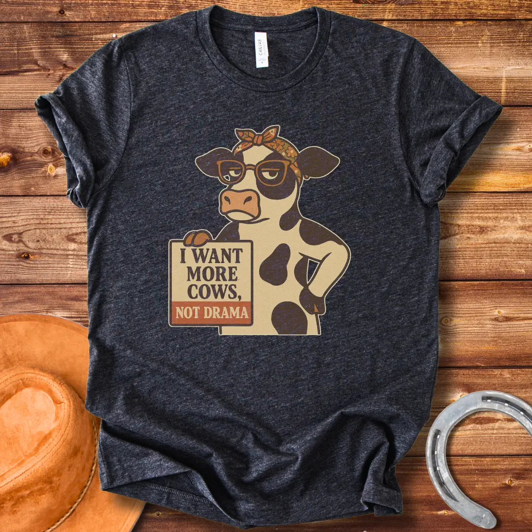 Illustration of a cool cow wearing glasses and a bandana, holding a sign that says 'I Want More Cows, Not Drama'.