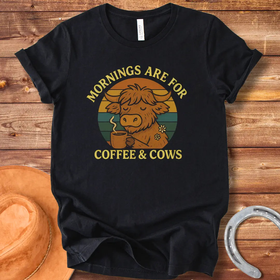 Illustration of a cow sipping coffee, with the words 'Mornings are for Coffee & Cows' in a retro design.