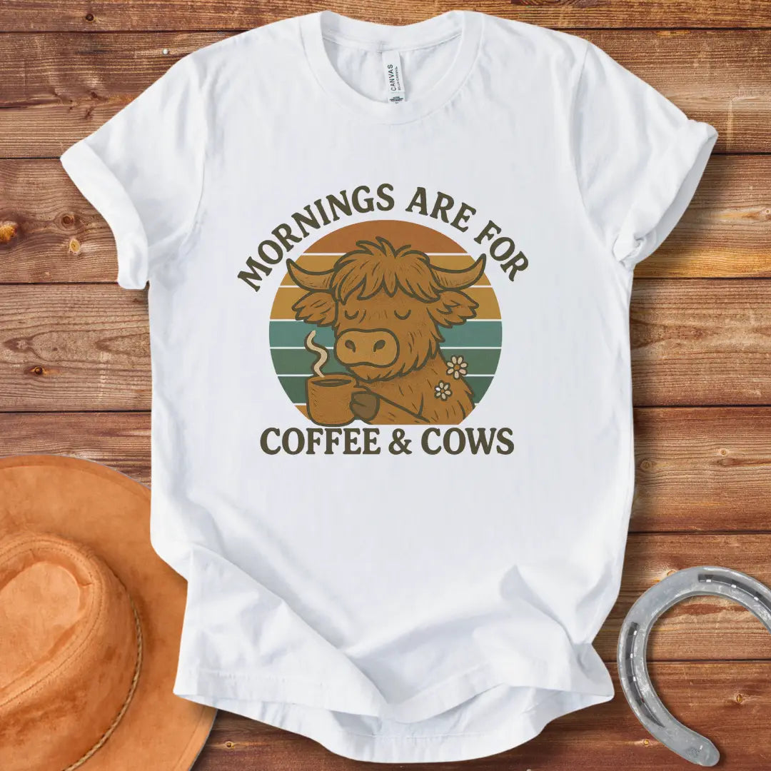 Illustration of a cow sipping coffee, with the words 'Mornings are for Coffee & Cows' in a retro design.