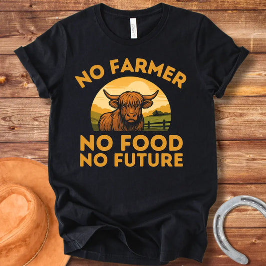 No Farmer, No Food, No Future t-shirt featuring a cow in a farm landscape with the slogan.