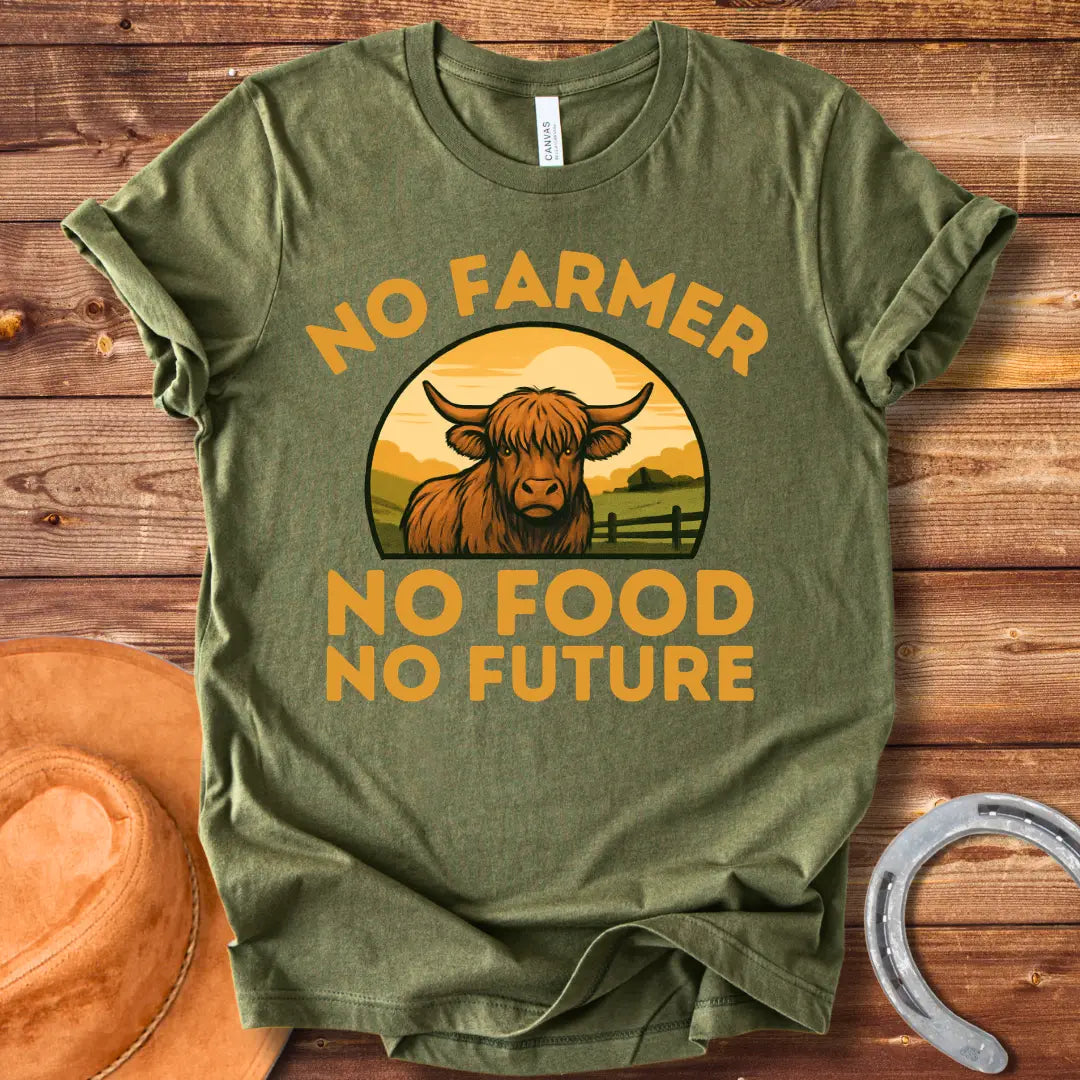 No Farmer, No Food, No Future t-shirt featuring a cow in a farm landscape with the slogan.