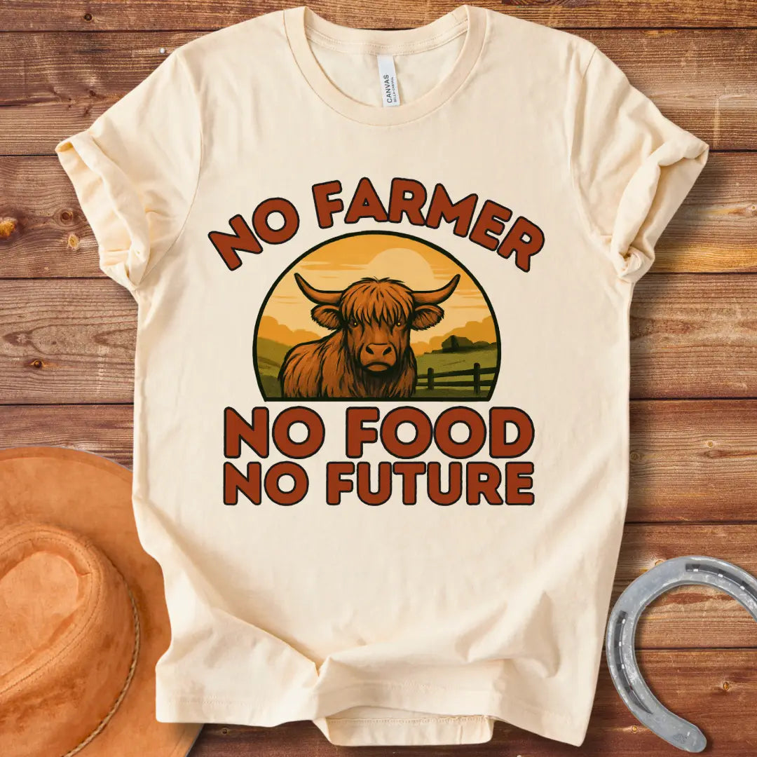 No Farmer, No Food, No Future t-shirt featuring a cow in a farm landscape with the slogan.