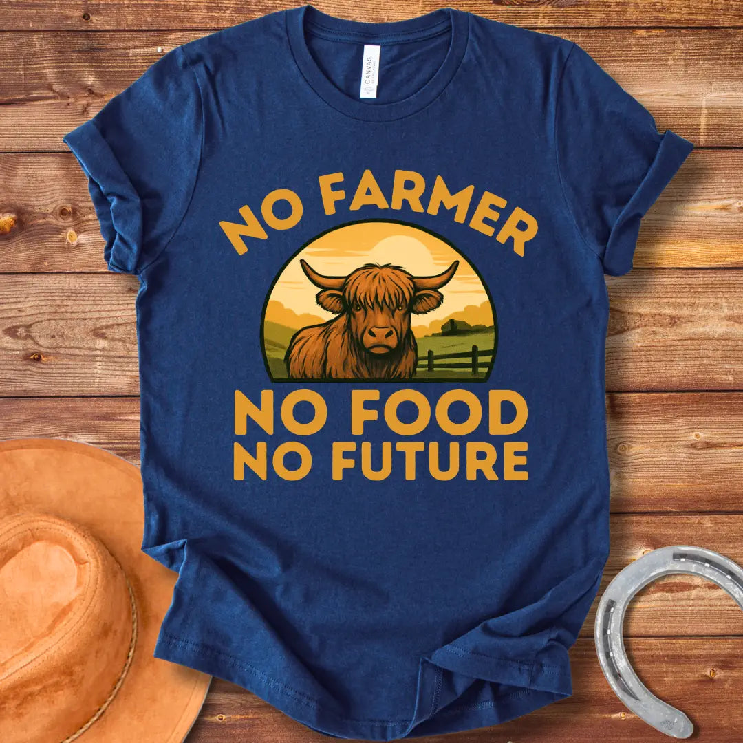 No Farmer, No Food, No Future t-shirt featuring a cow in a farm landscape with the slogan.