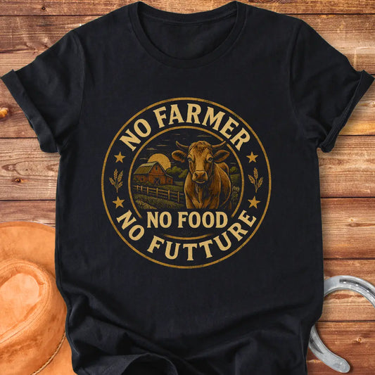 Vintage dark t-shirt featuring a cow, a barn, and the words 'No Farmer, No Food, No Future'.