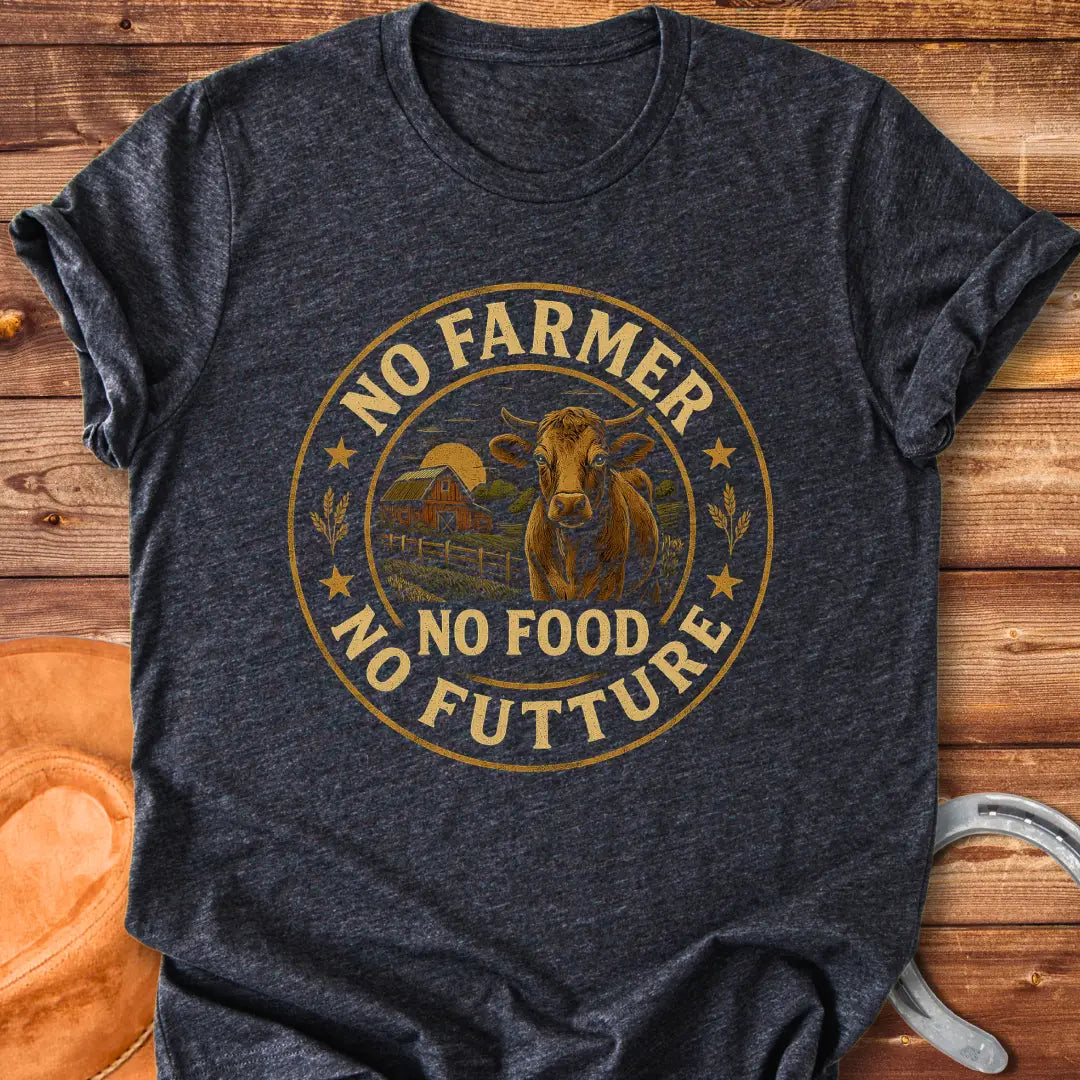 Vintage dark t-shirt featuring a cow, a barn, and the words 'No Farmer, No Food, No Future'.