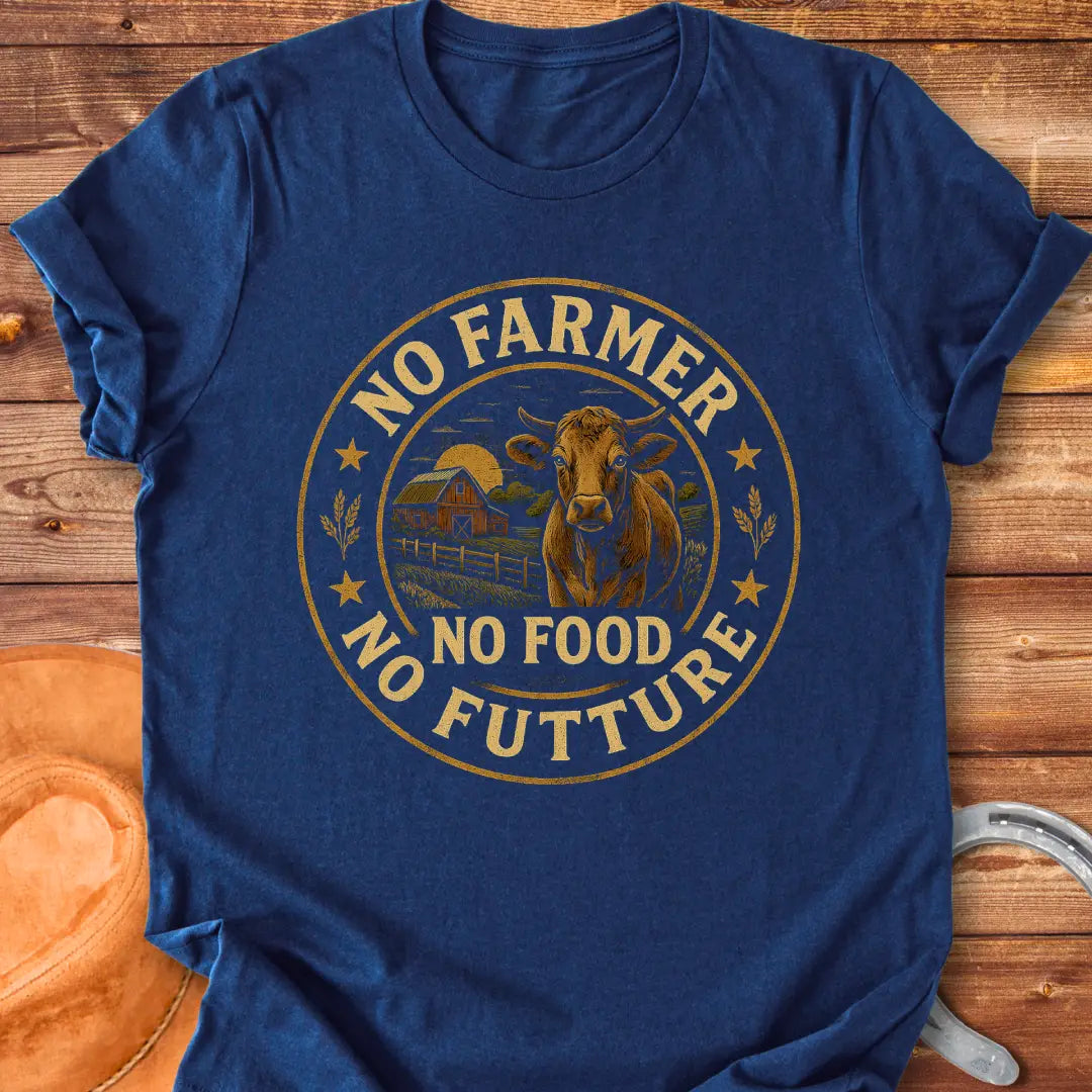 Vintage dark t-shirt featuring a cow, a barn, and the words 'No Farmer, No Food, No Future'.