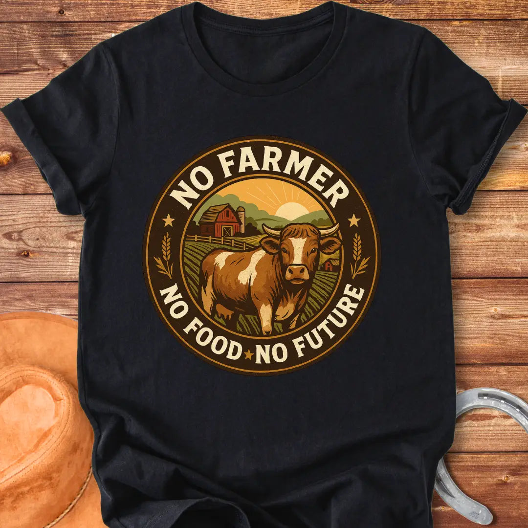 Vintage-style t-shirt with a cow in a farm scene and the text 'No Farmer, No Food, No Future'