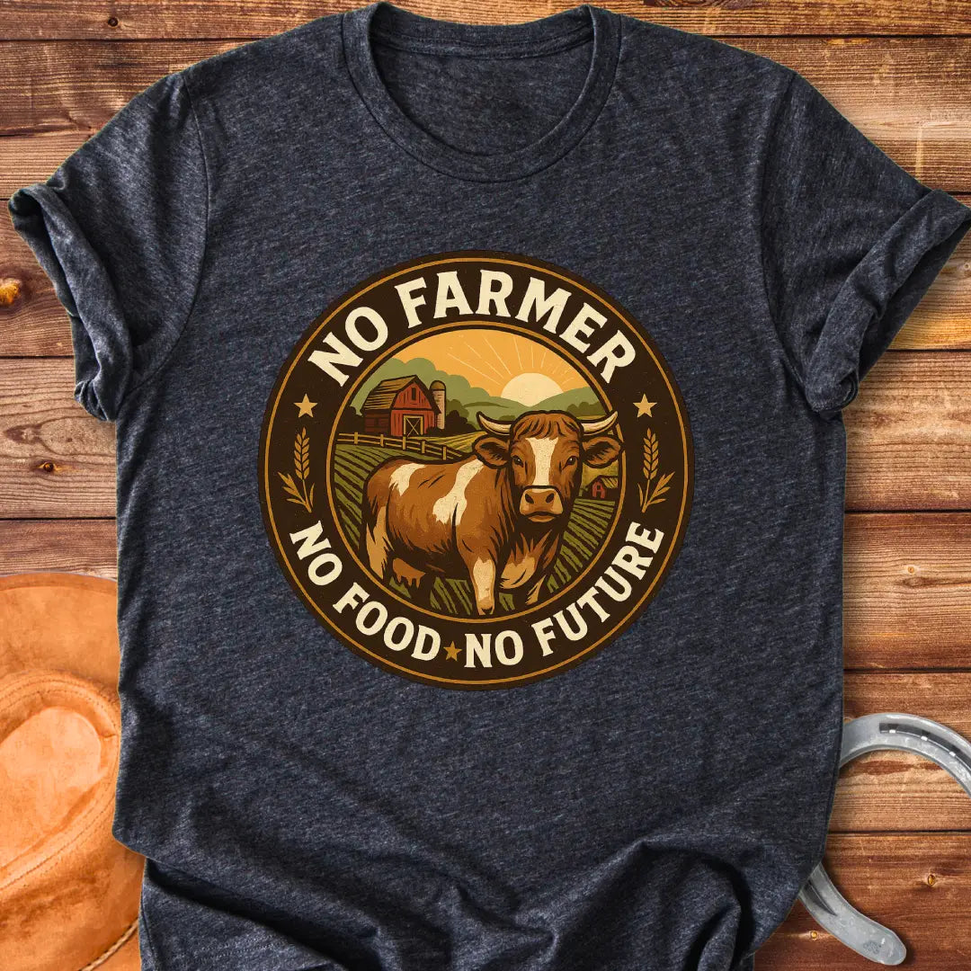Vintage-style t-shirt with a cow in a farm scene and the text 'No Farmer, No Food, No Future'