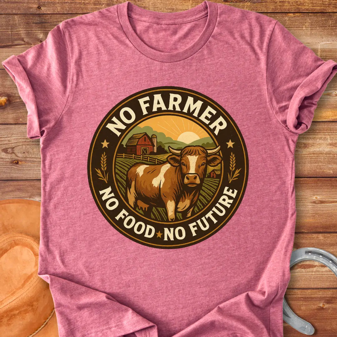 Vintage-style t-shirt with a cow in a farm scene and the text 'No Farmer, No Food, No Future'