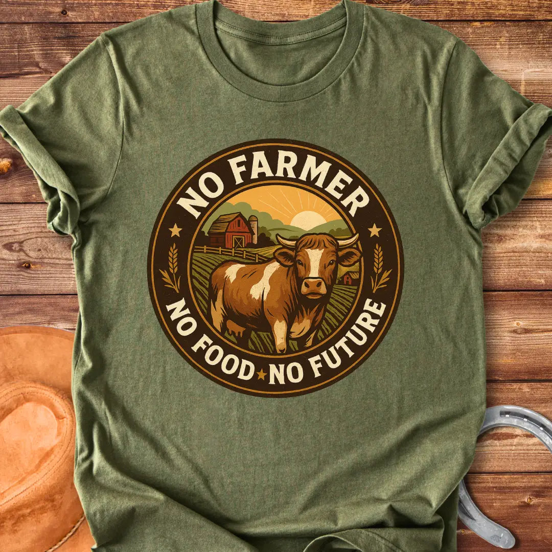 Vintage-style t-shirt with a cow in a farm scene and the text 'No Farmer, No Food, No Future'