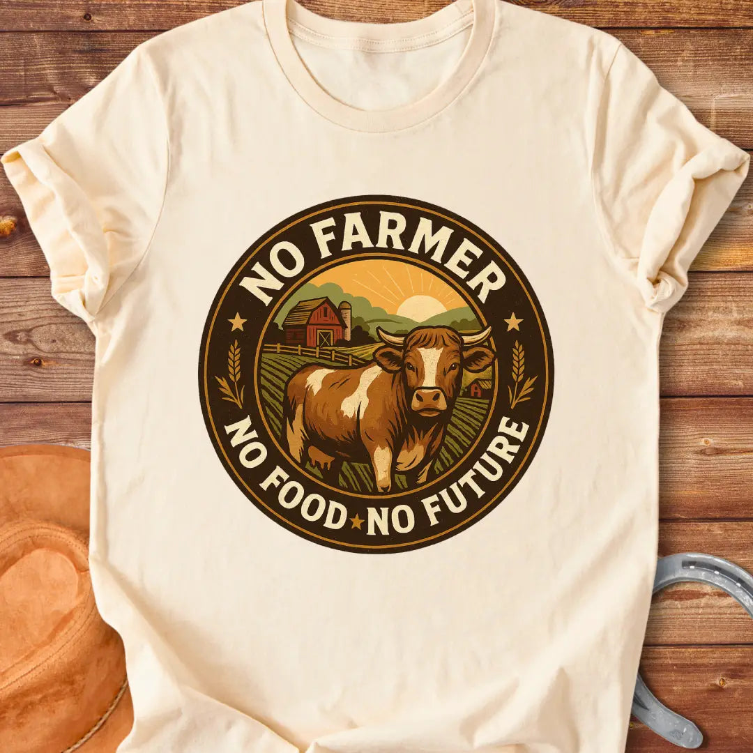 Vintage-style t-shirt with a cow in a farm scene and the text 'No Farmer, No Food, No Future'