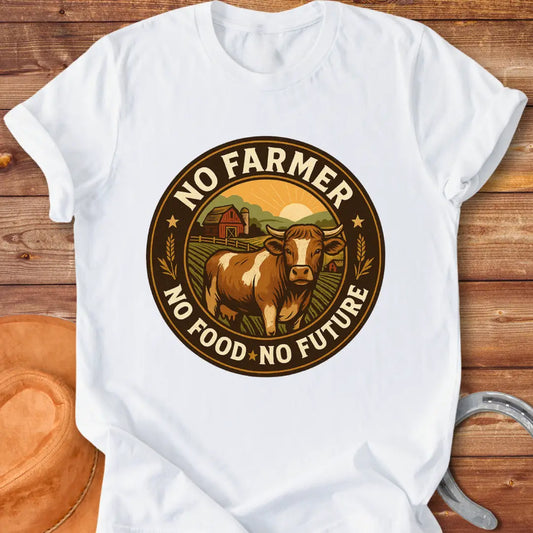 Vintage-style t-shirt with a cow in a farm scene and the text 'No Farmer, No Food, No Future'