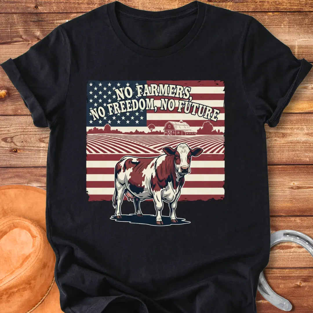 Patriotic t-shirt design featuring a cow, American flag, and the words 'No Farmers, No Future.'