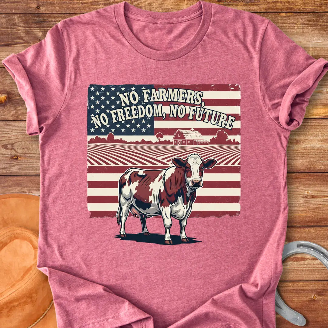 Patriotic t-shirt design featuring a cow, American flag, and the words 'No Farmers, No Future.'
