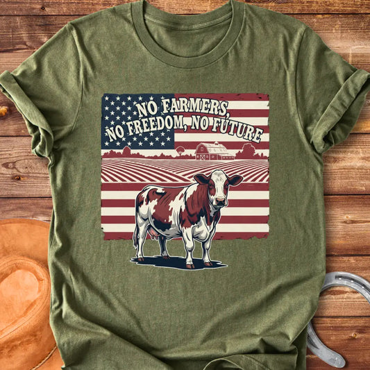 Patriotic t-shirt design featuring a cow, American flag, and the words 'No Farmers, No Future.'