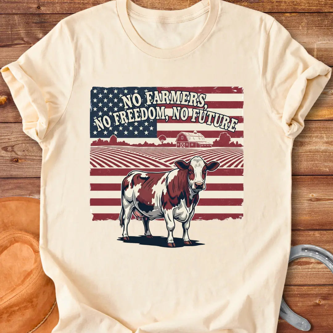 Patriotic t-shirt design featuring a cow, American flag, and the words 'No Farmers, No Future.'