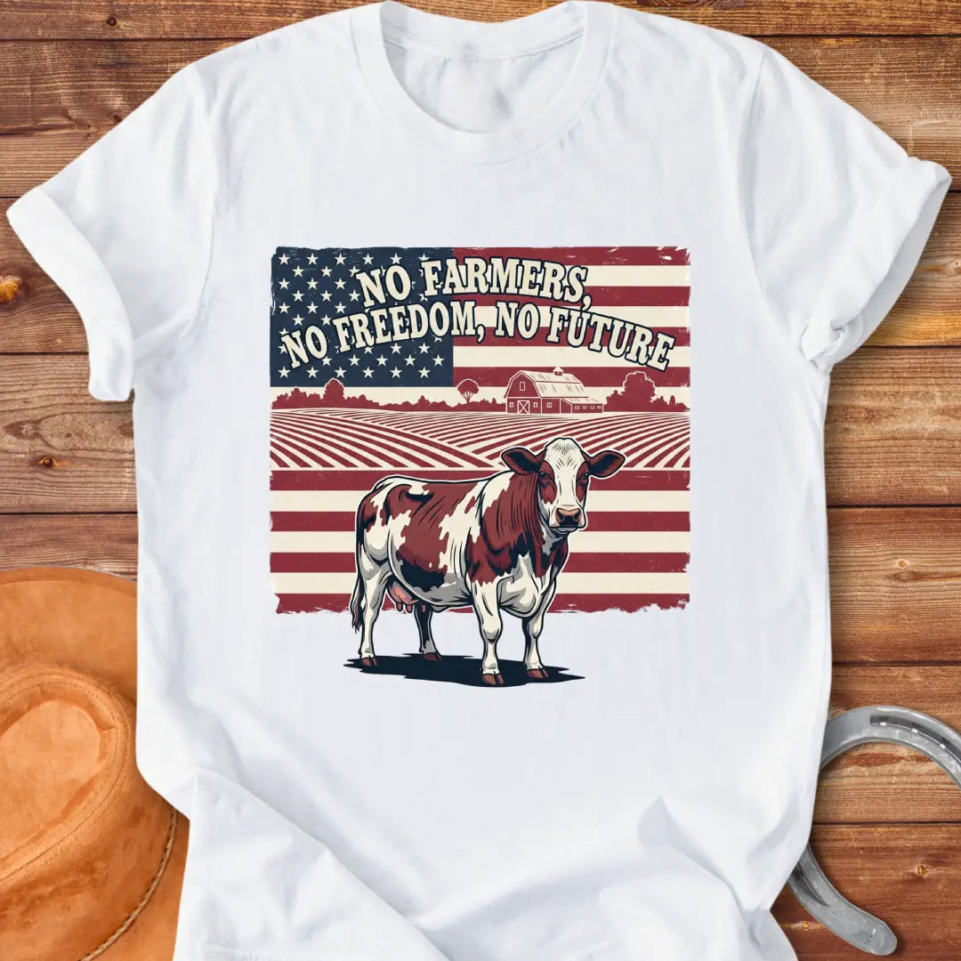 Patriotic t-shirt design featuring a cow, American flag, and the words 'No Farmers, No Future.'
