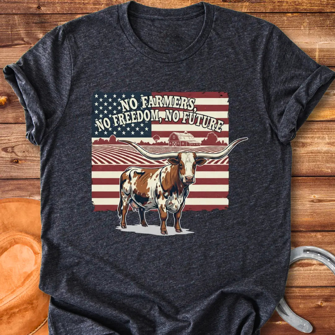 Longhorn cow with American flag and text: No Farmers, No Freedom, No Future