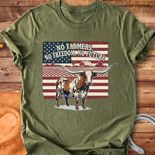 Longhorn cow with American flag and text: No Farmers, No Freedom, No Future