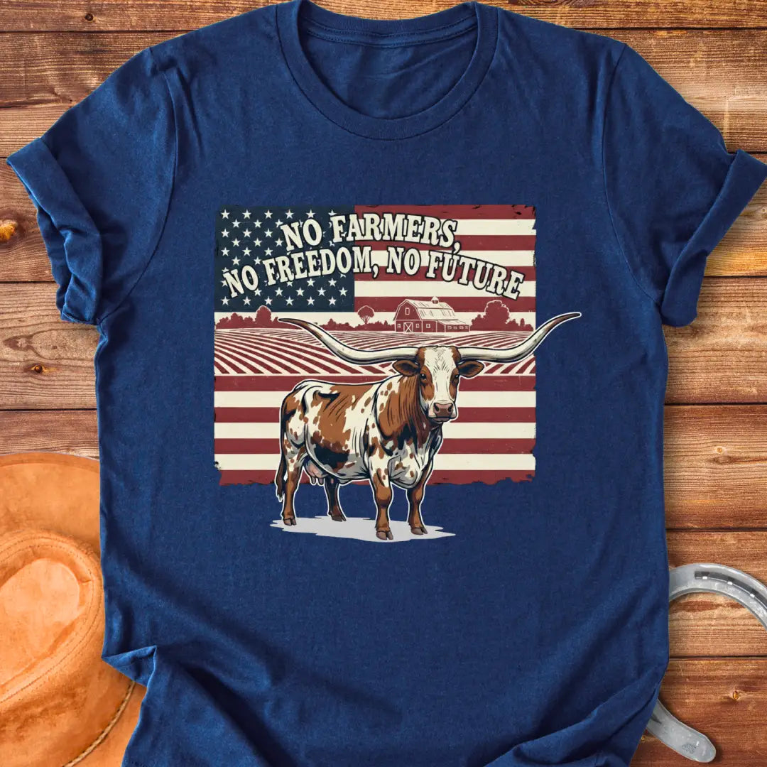 Longhorn cow with American flag and text: No Farmers, No Freedom, No Future