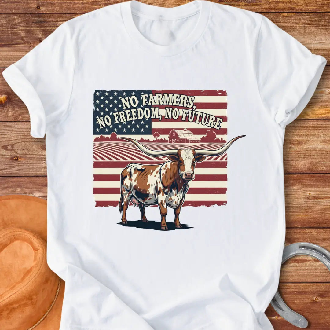 Longhorn cow with American flag and text: No Farmers, No Freedom, No Future