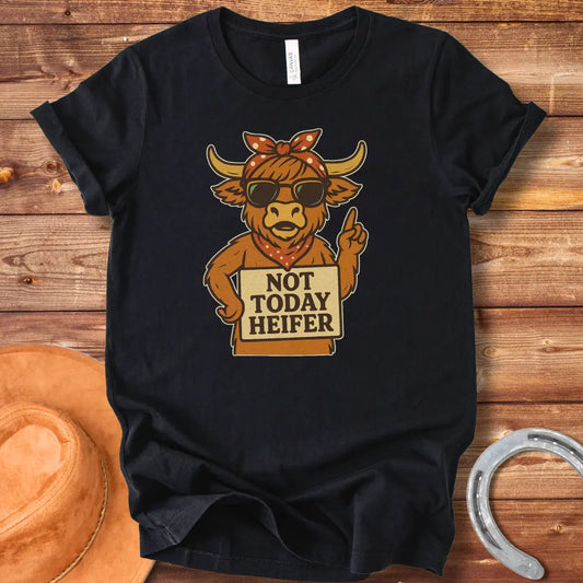 Cool cow wearing sunglasses and a bandana holding a 'Not Today Heifer' sign.