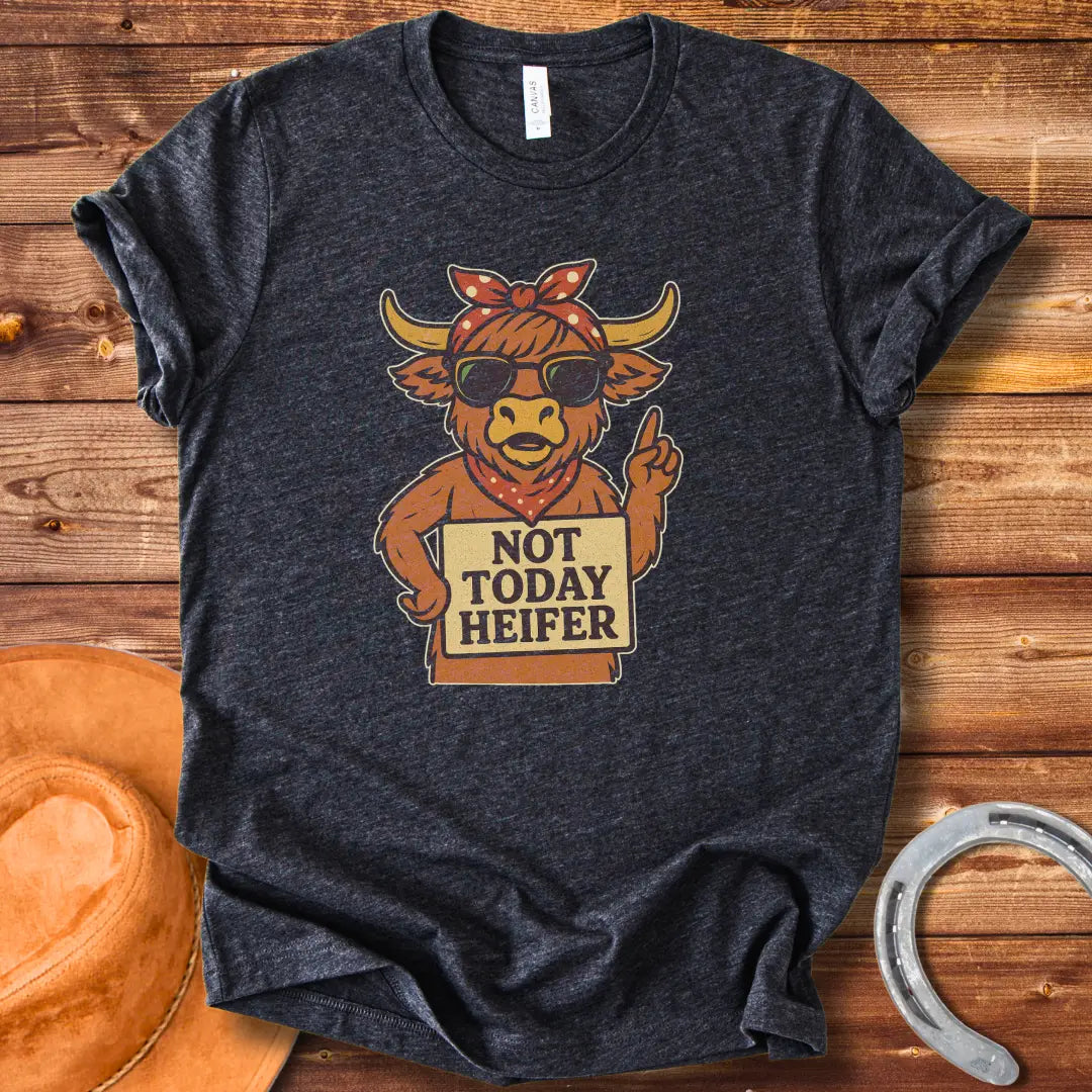 Cool cow wearing sunglasses and a bandana holding a 'Not Today Heifer' sign.