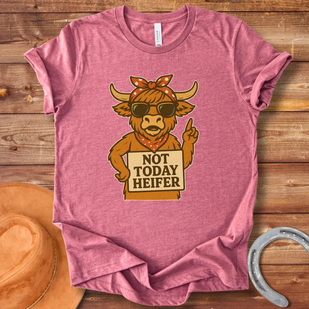 Cool cow wearing sunglasses and a bandana holding a 'Not Today Heifer' sign.