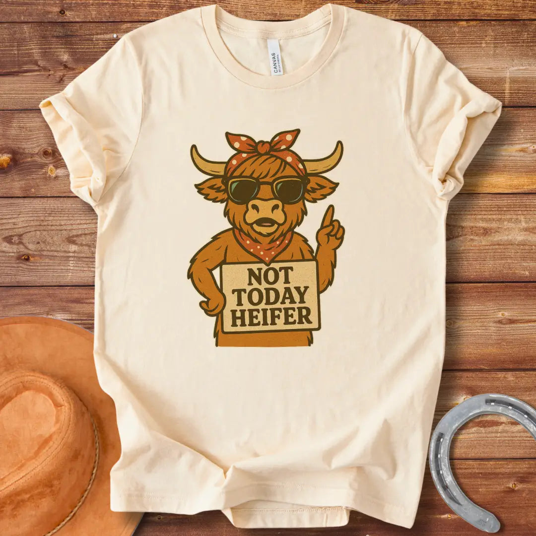 Cool cow wearing sunglasses and a bandana holding a 'Not Today Heifer' sign.