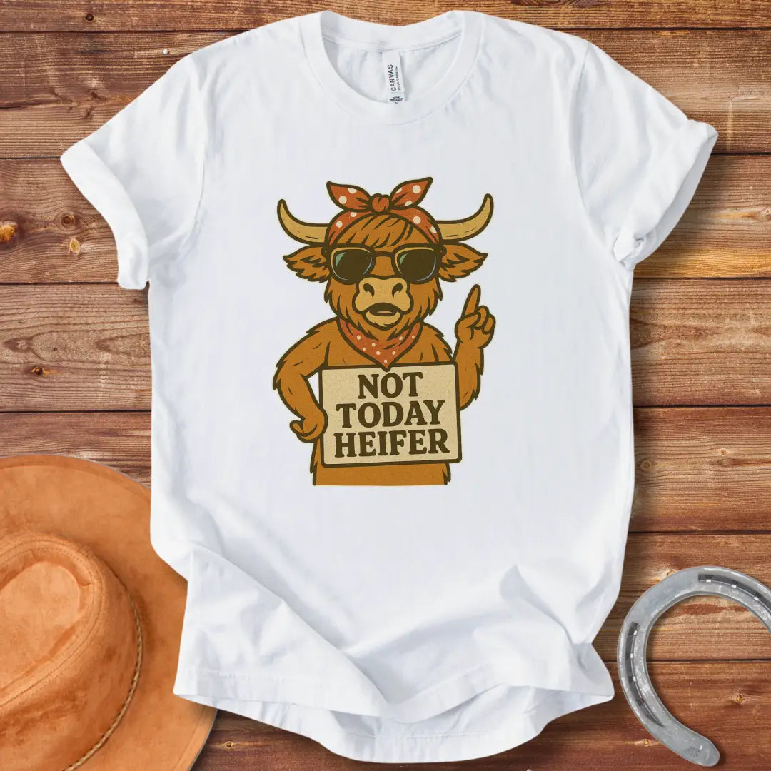Cool cow wearing sunglasses and a bandana holding a 'Not Today Heifer' sign.