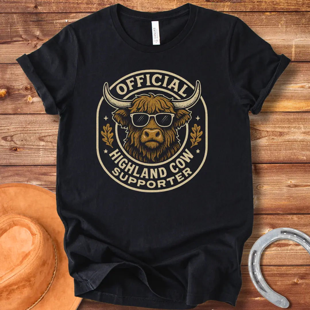 Official Highland Cow Supporter T-Shirt featuring a cool Highland cow wearing sunglasses