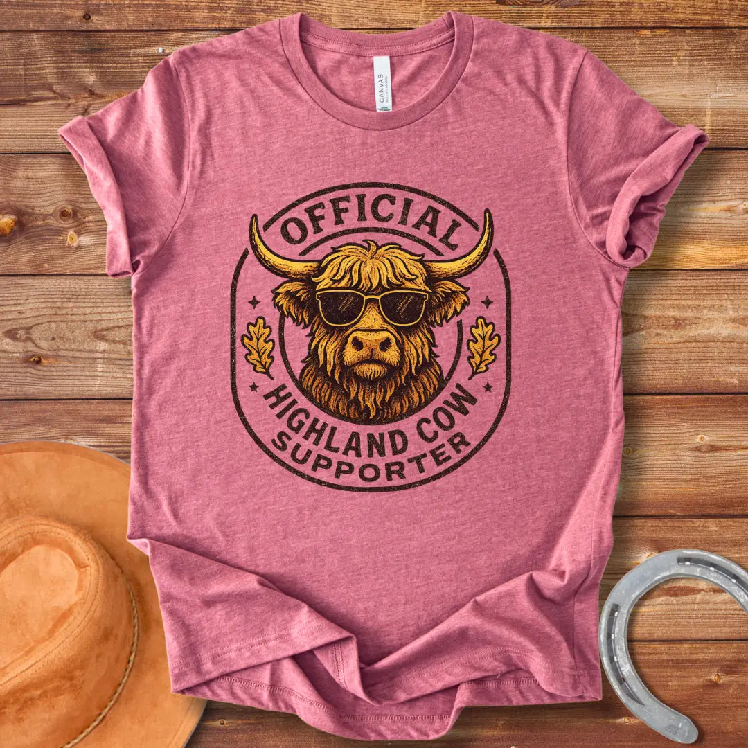 Official Highland Cow Supporter T-Shirt featuring a cool Highland cow wearing sunglasses