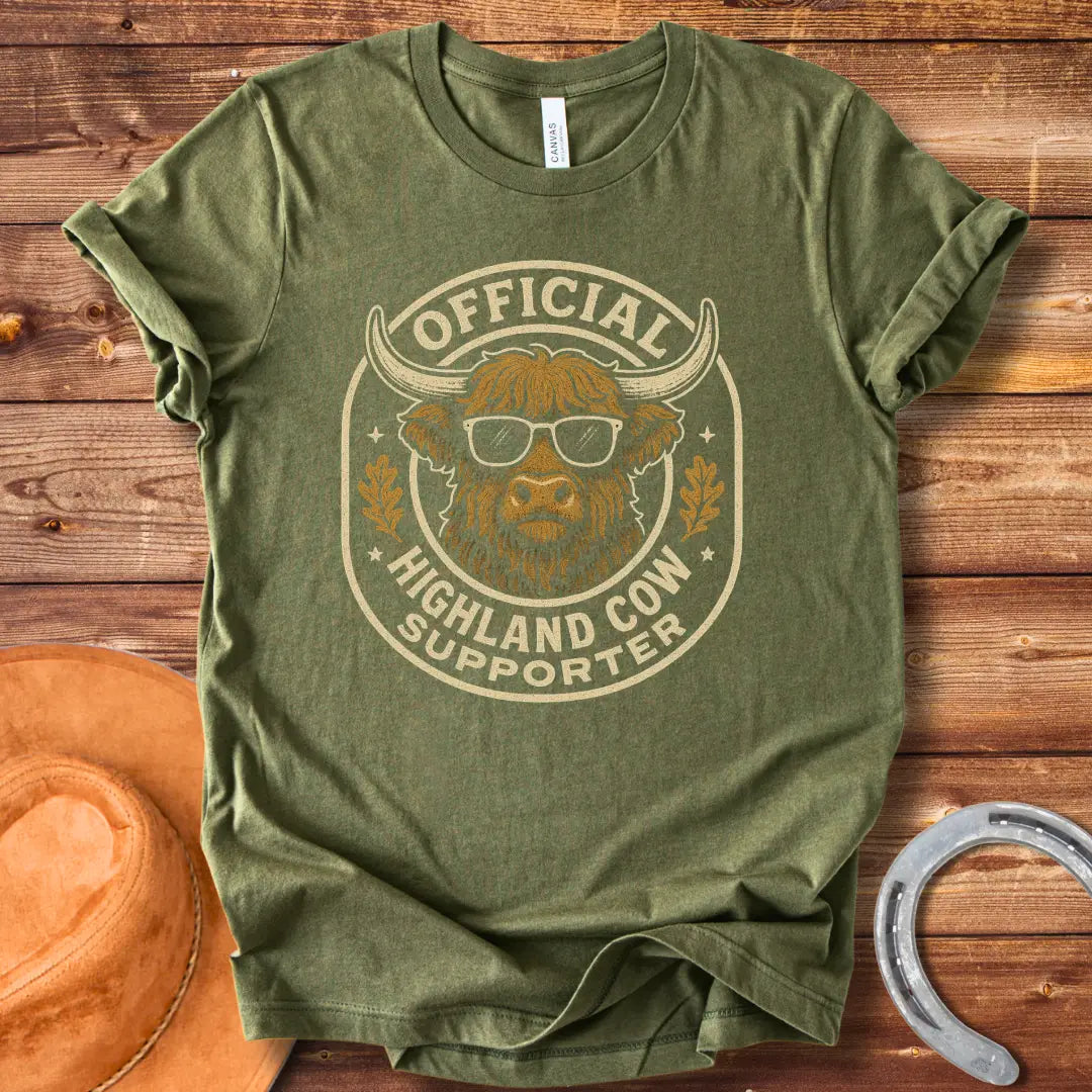 Official Highland Cow Supporter T-Shirt featuring a cool Highland cow wearing sunglasses