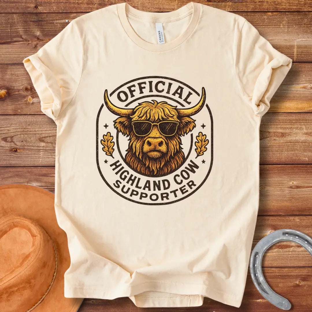 Official Highland Cow Supporter T-Shirt featuring a cool Highland cow wearing sunglasses