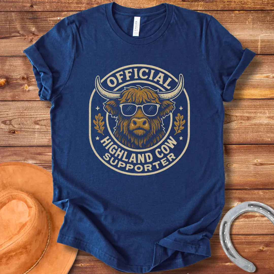 Official Highland Cow Supporter T-Shirt featuring a cool Highland cow wearing sunglasses