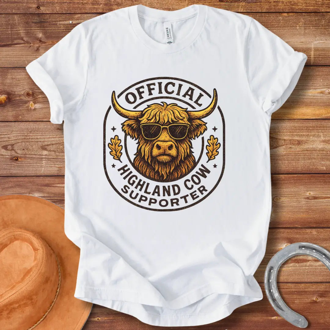 Official Highland Cow Supporter T-Shirt featuring a cool Highland cow wearing sunglasses