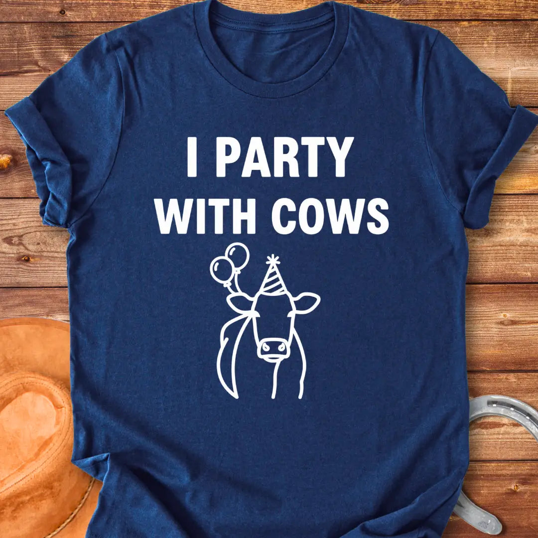 Party With Cows T-Shirt - Design features a cow wearing a party hat and holding balloons.
