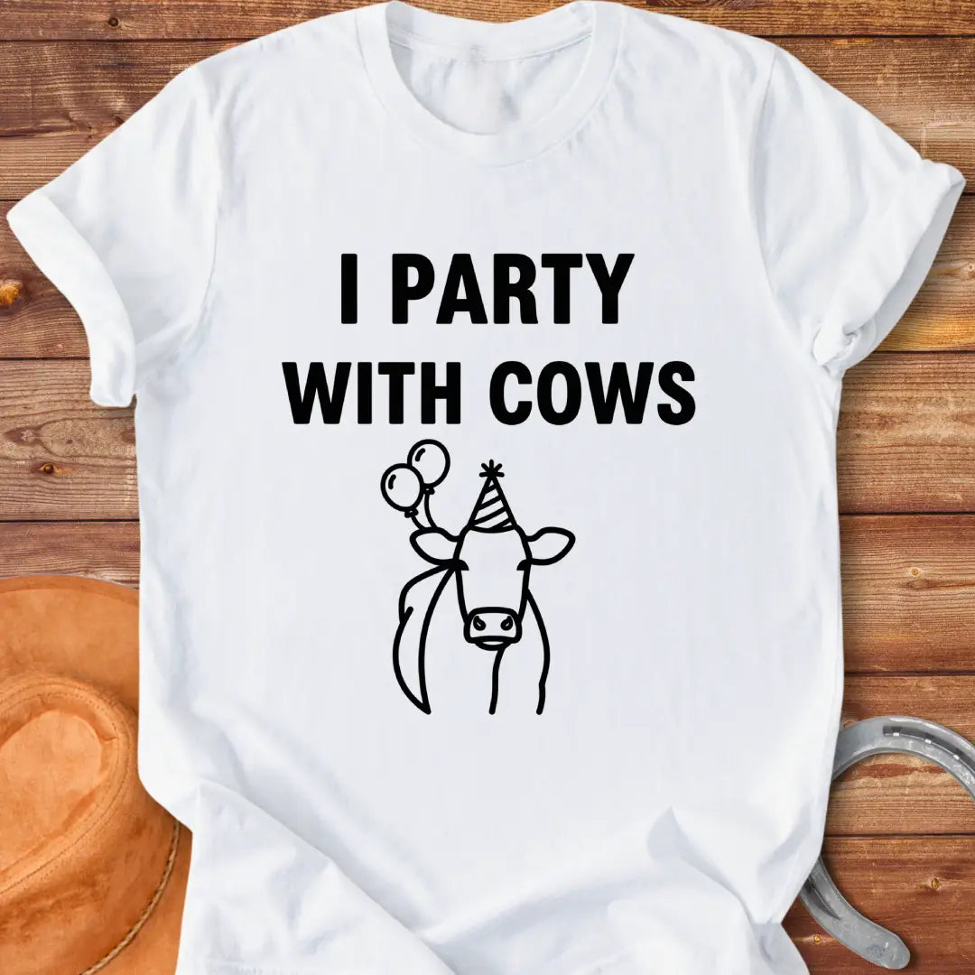 Party With Cows T-Shirt - Design features a cow wearing a party hat and holding balloons.