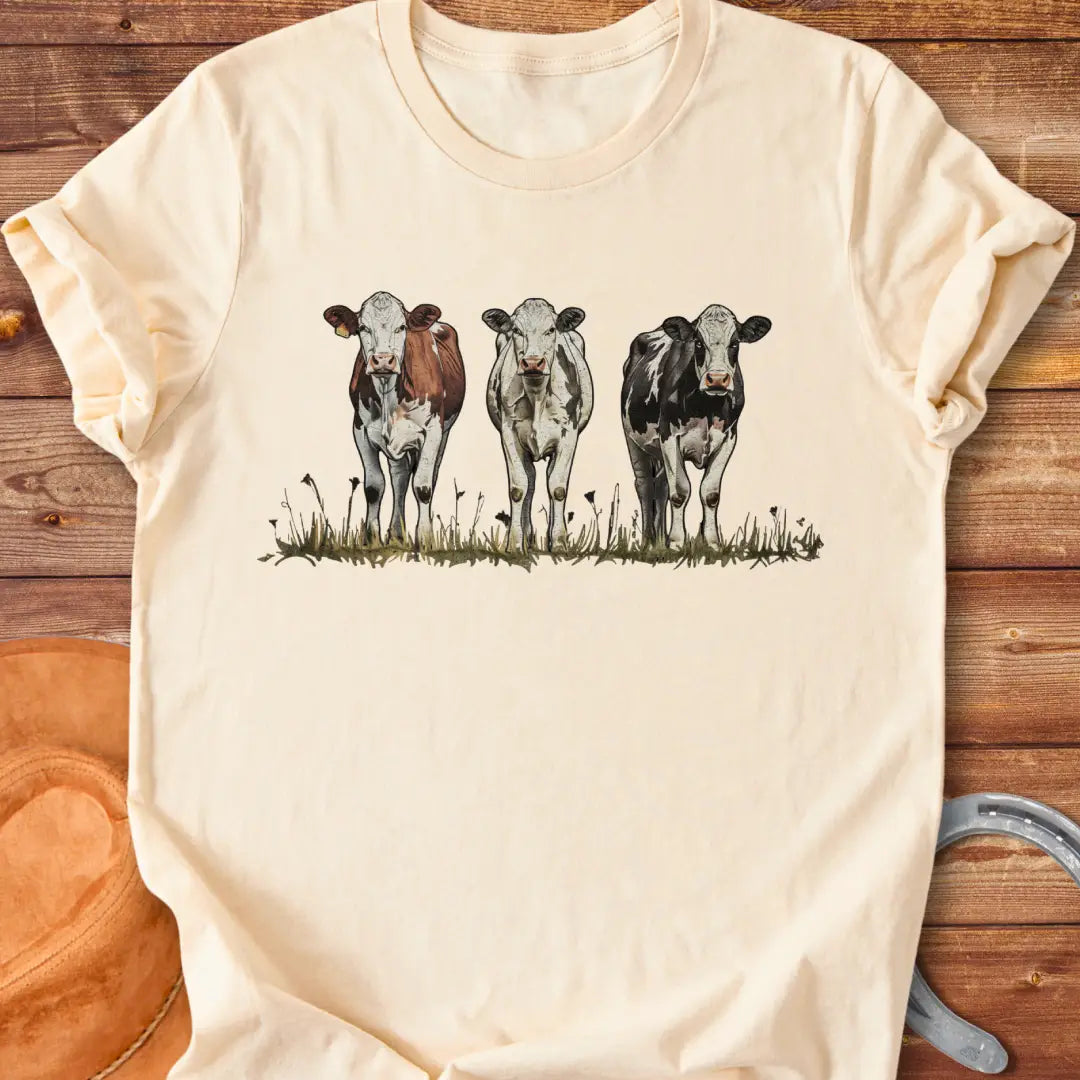 Illustration of three cows in a pastoral setting, featuring brown, white, and black and white cows standing in a field of grass.