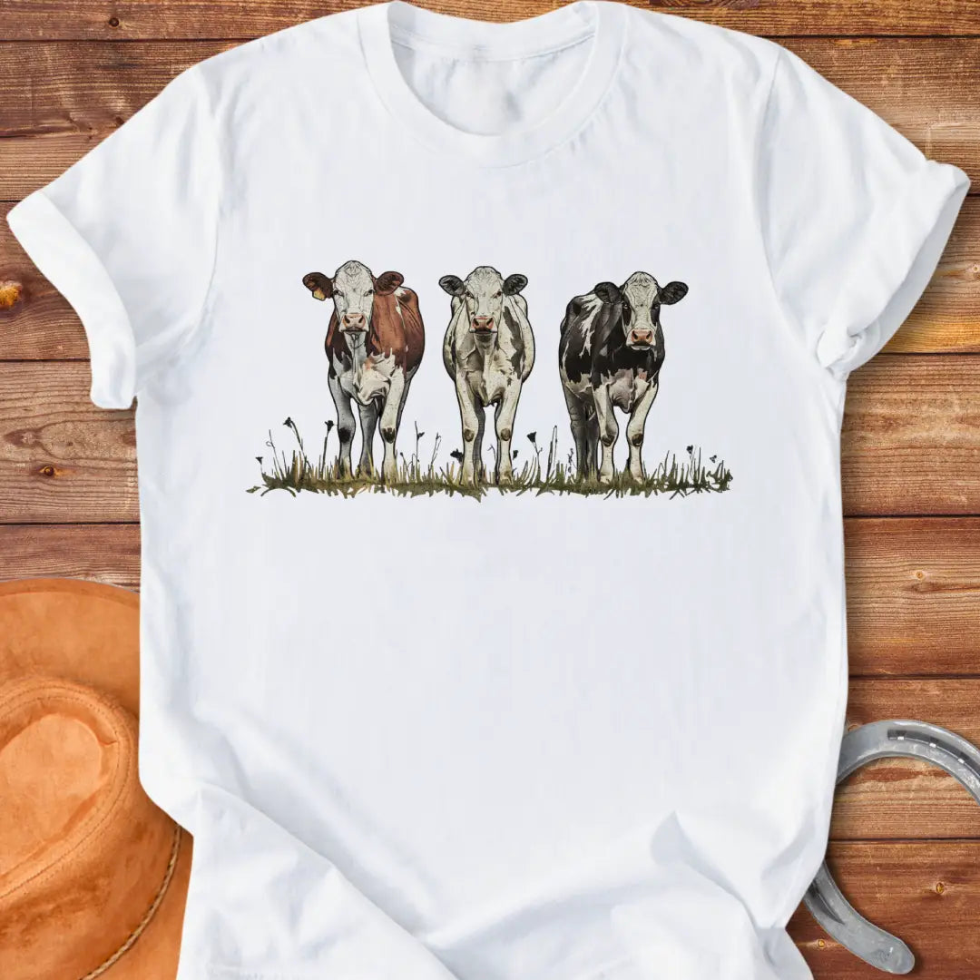 Illustration of three cows in a pastoral setting, featuring brown, white, and black and white cows standing in a field of grass.