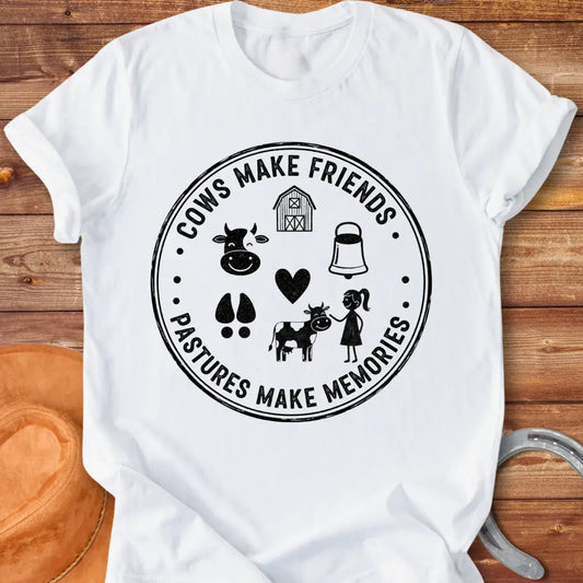Pasture Pals Memory Badge T-Shirt design featuring a cow silhouette, barn, bell, cow footprints and a cow surrounded by a girl.