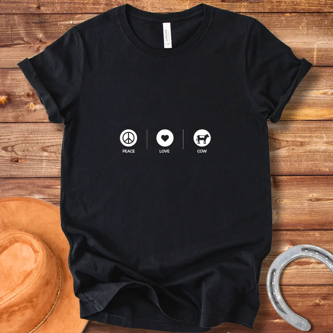 Peace Love Cow T-shirt design featuring a peace symbol, heart, and cow silhouette
